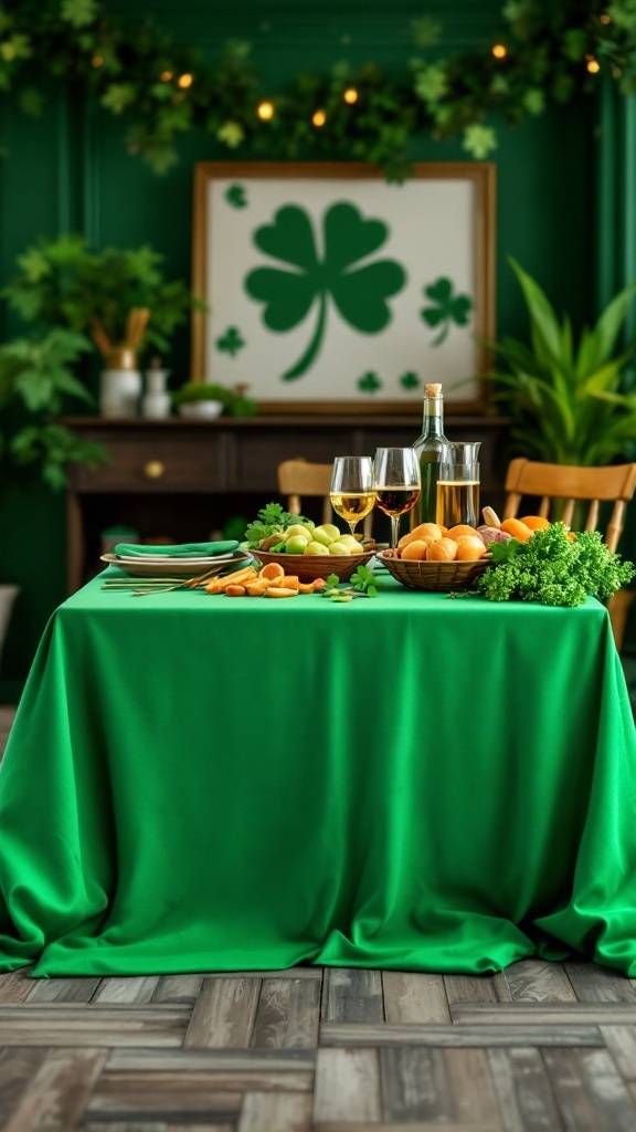 A green tablecloth on a table with fruits and drinks, decorated for St. Patrick's Day.