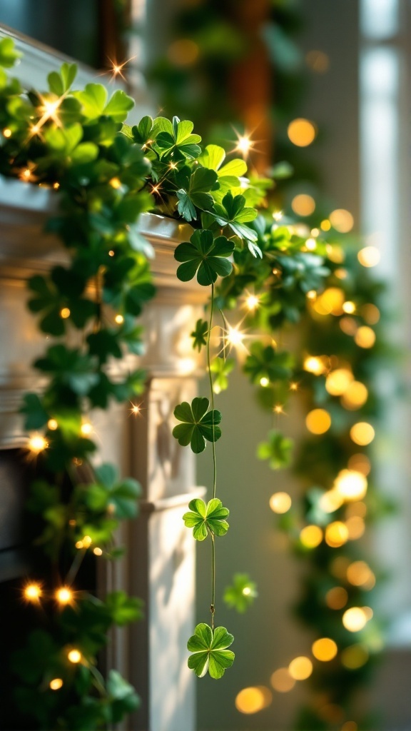 A garland of green shamrocks adorned with twinkling lights, creating a festive St. Patrick's Day atmosphere.