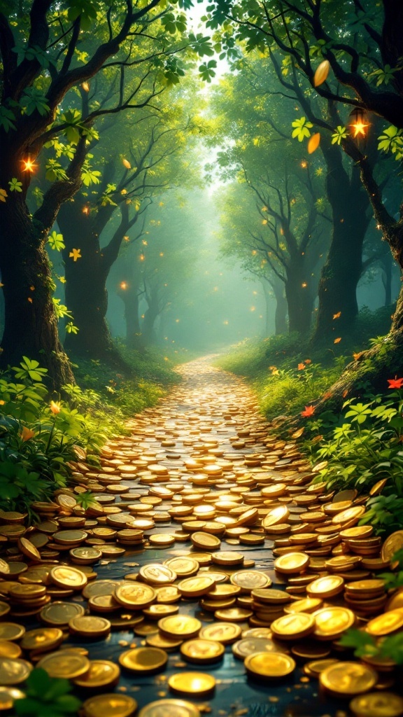 A pathway covered with gold coins surrounded by lush greenery and trees, creating a magical atmosphere.