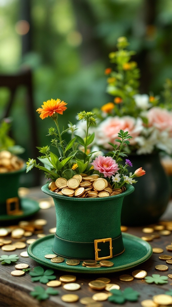 Leprechaun hat centerpiece filled with flowers and gold coins