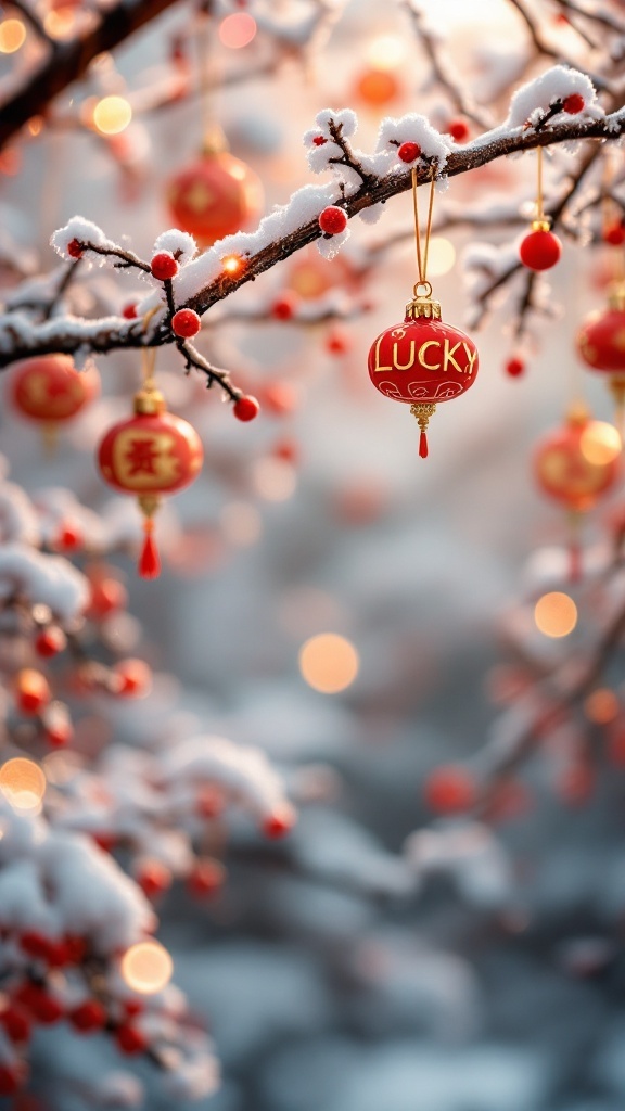 A branch with red lucky charm ornaments and snow.