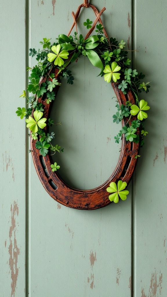 A rustic horseshoe decorated with shamrocks and a green ribbon, hanging on a wooden wall.