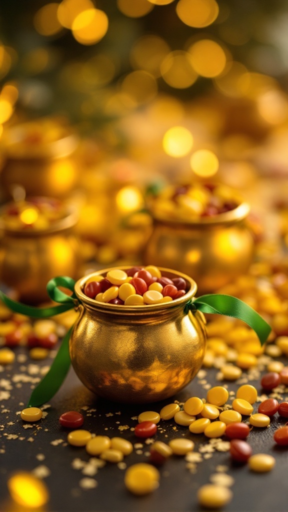 Golden pots filled with colorful candies for St. Patrick's Day decorations