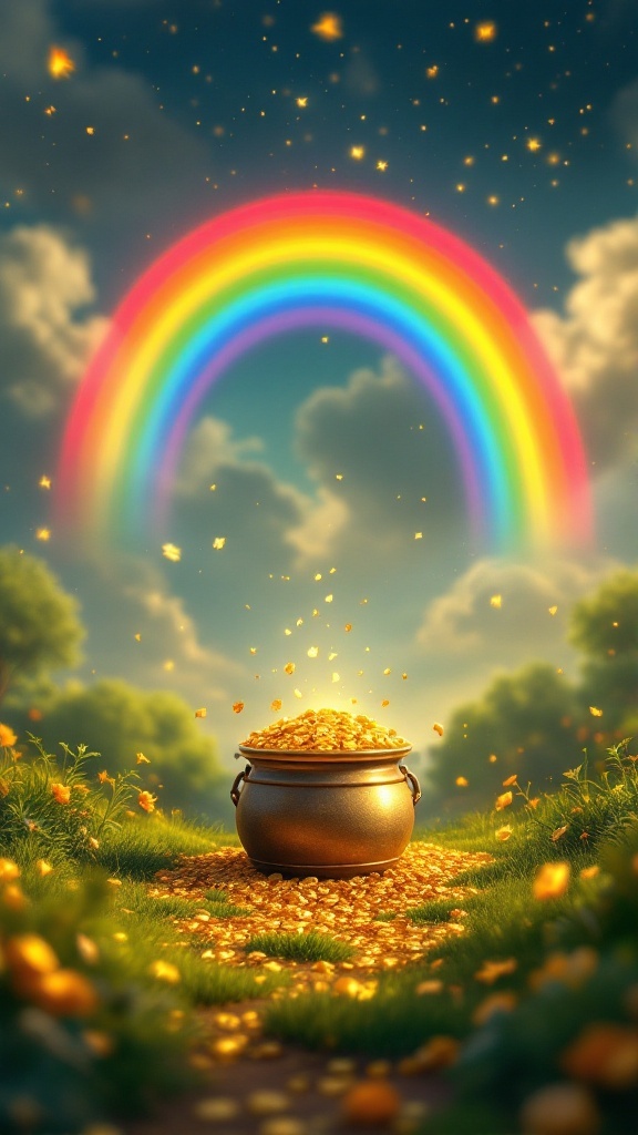 A vibrant rainbow over a pot of gold in a grassy field