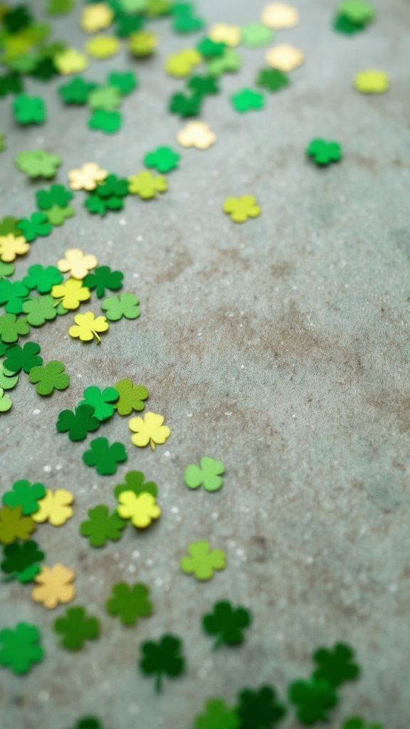 Colorful shamrock confetti in shades of green and yellow scattered on a surface