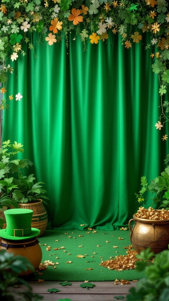 A St. Patrick's Day photo booth with a green backdrop, pots of gold, and shamrock decorations.