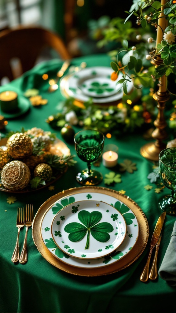 A beautifully set table for St. Patrick's Day featuring green decorations, shamrock plates, and elegant glassware.