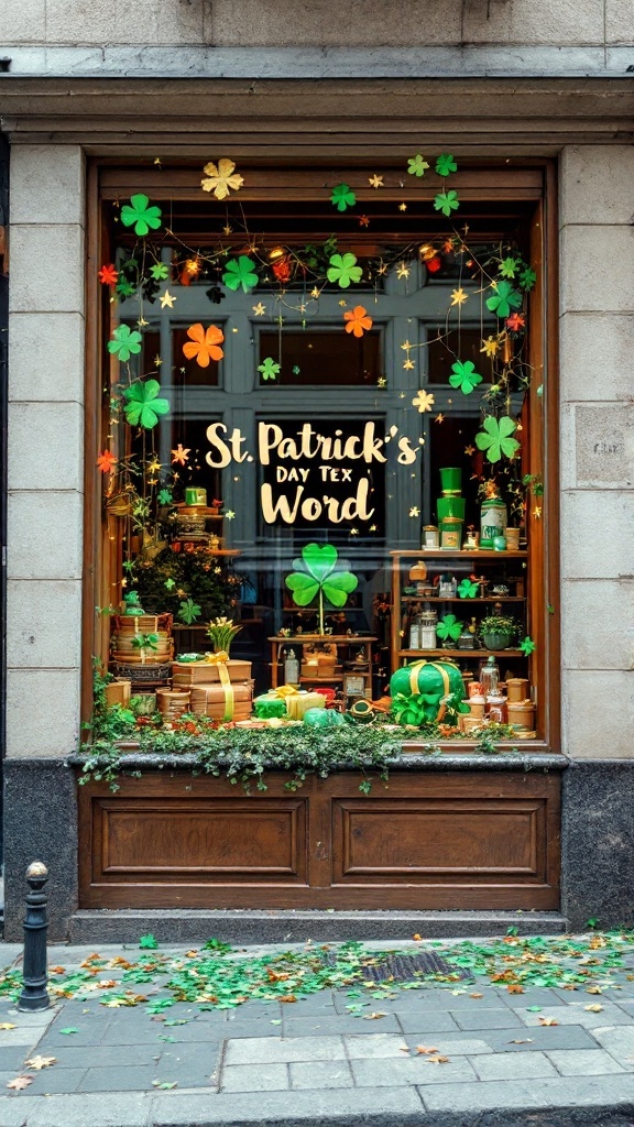 A festive St. Patrick's Day window display featuring shamrocks, decorations, and a welcoming sign.