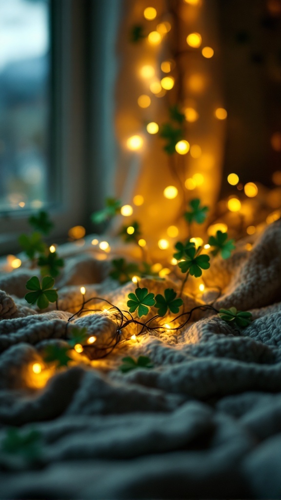 Warm fairy lights intertwined with shamrock leaves on a cozy blanket