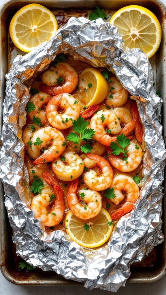 Baked shrimp scampi in foil with lemon slices and parsley