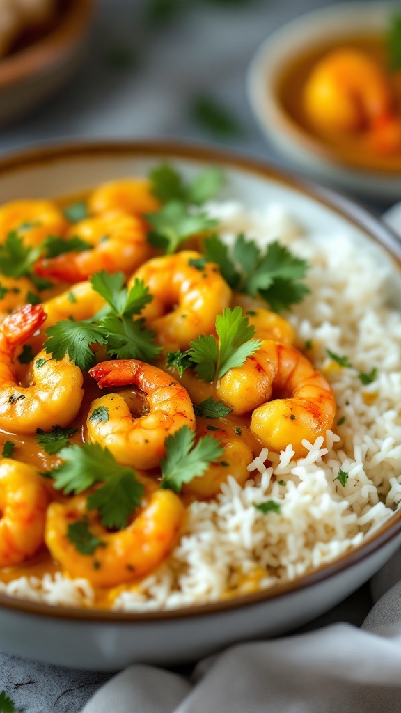 A bowl of coconut curry shrimp served over rice, garnished with cilantro.