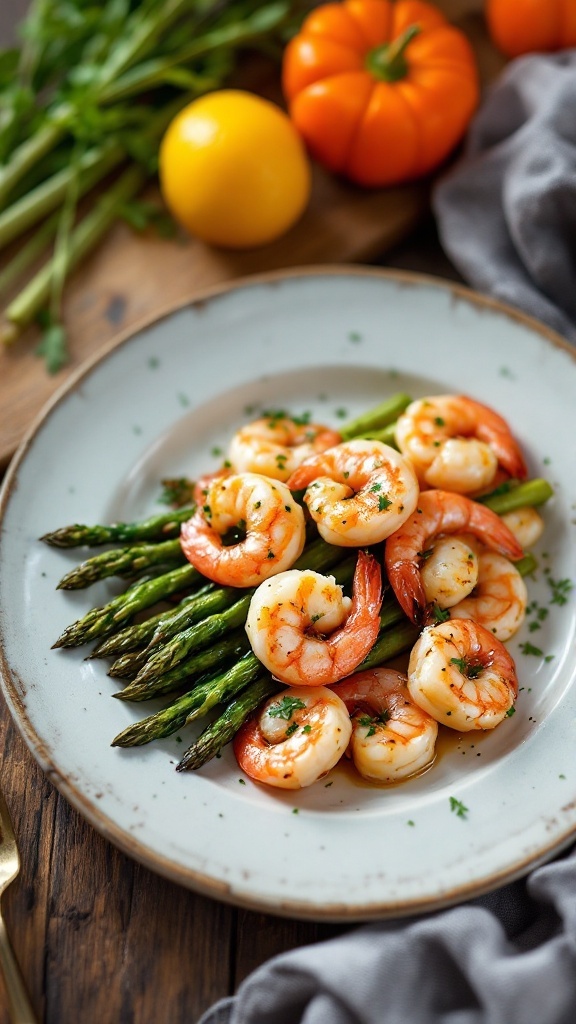 A plate of garlic butter shrimp with asparagus, garnished with herbs, and accompanied by lemon and tomatoes