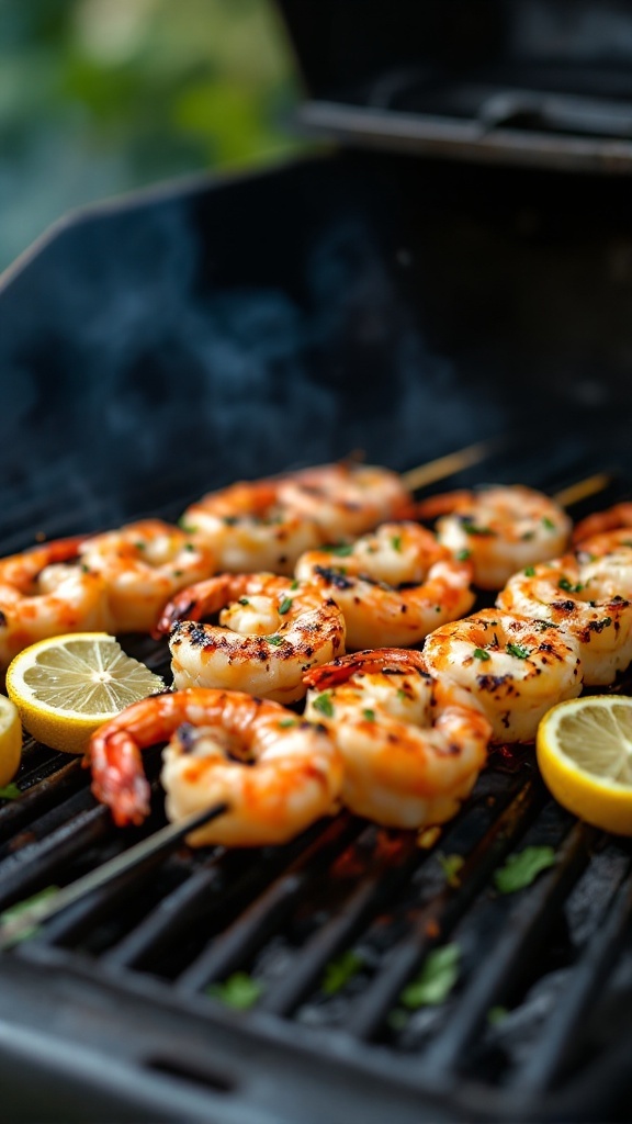 Grilled garlic lemon shrimp skewers on a barbecue with lemon slices