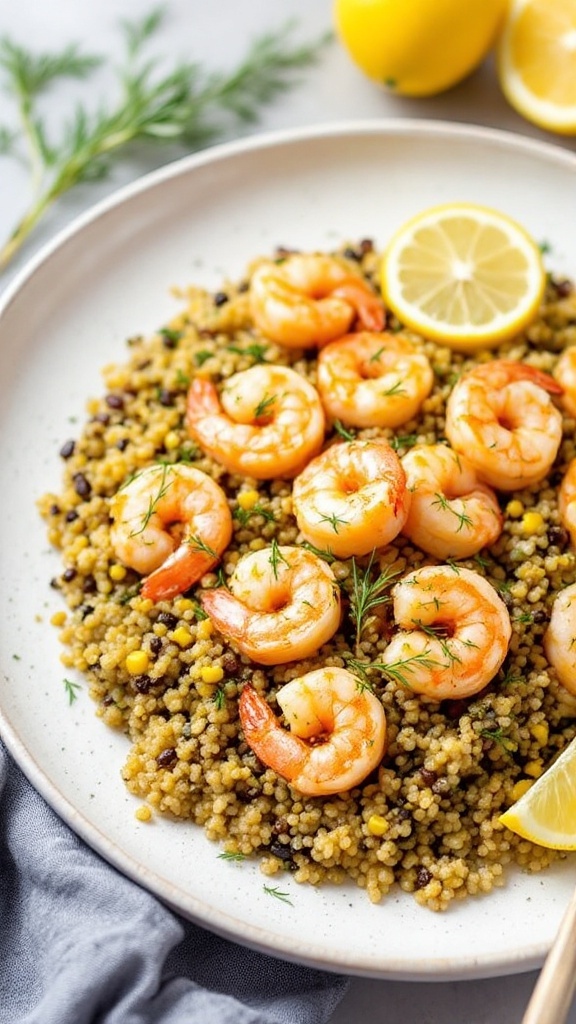 A plate of Lemon Dill Shrimp served over quinoa with corn and garnished with lemon slices and fresh dill.