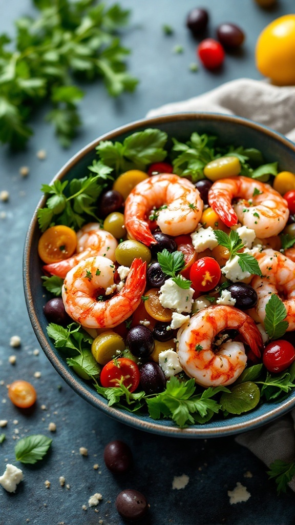 A bowl of Mediterranean shrimp salad with shrimp, olives, tomatoes, and herbs.