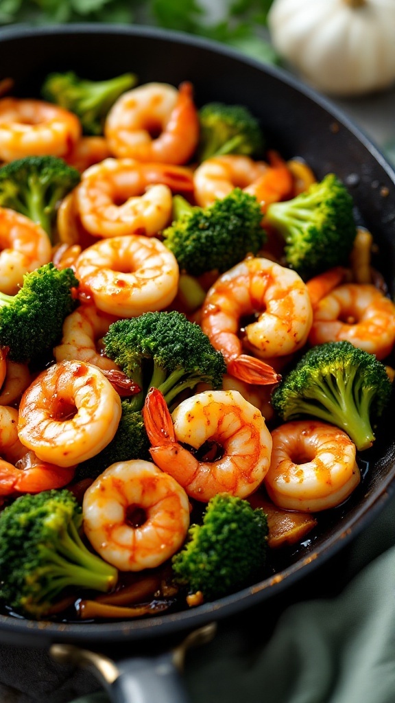 A skillet filled with shrimp and broccoli stir-fry, showcasing succulent shrimp and vibrant green broccoli in a savory sauce.