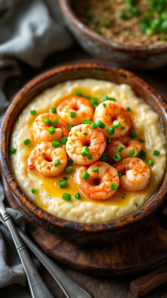 A bowl of shrimp and grits topped with shrimp and green onions.