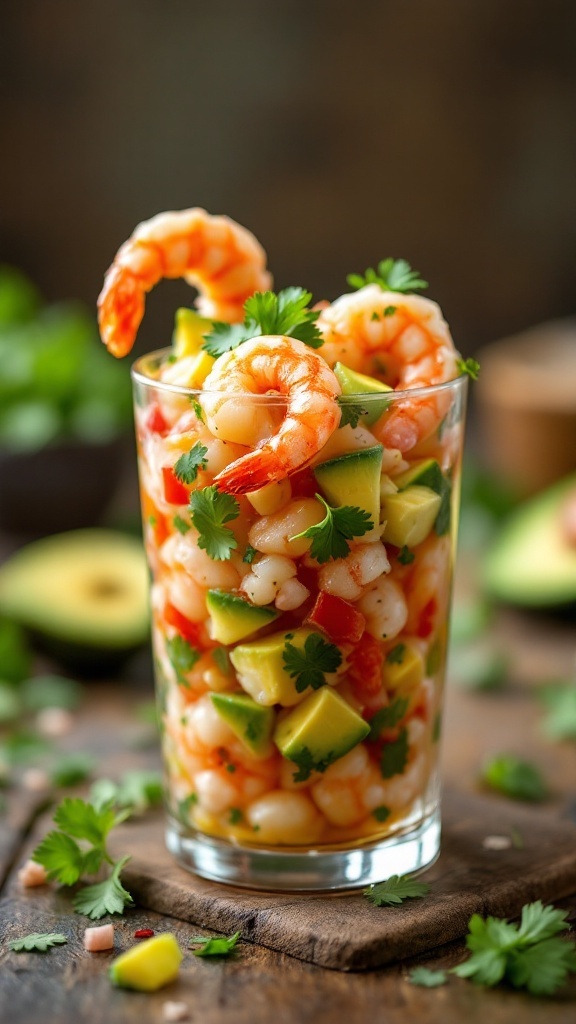 A glass of colorful shrimp ceviche with avocado, tomatoes, and cilantro.