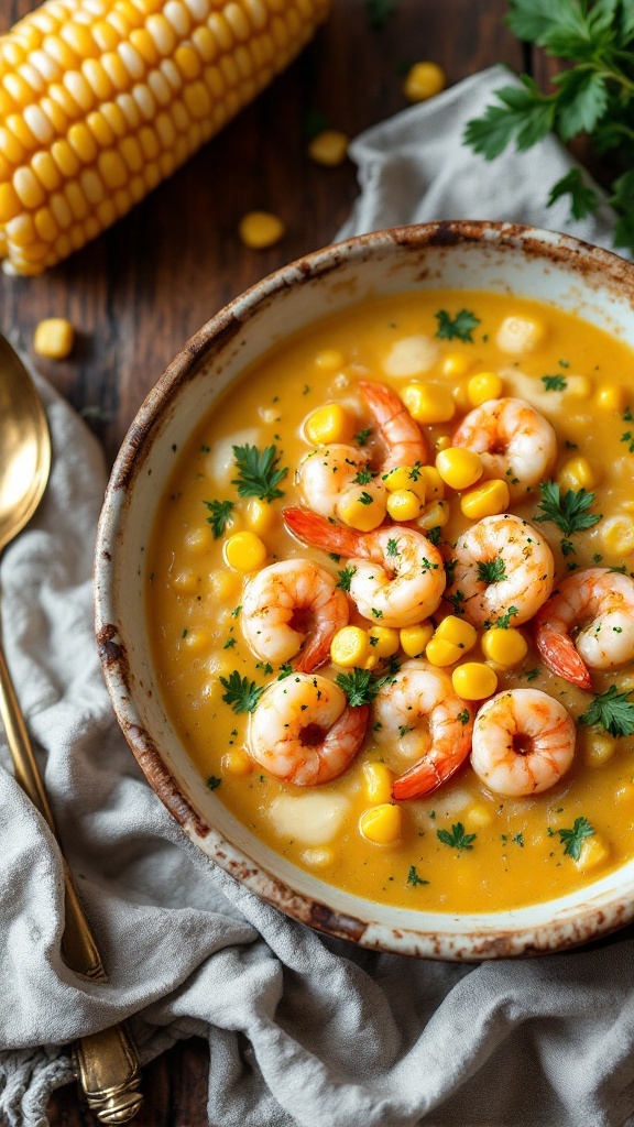 A bowl of Shrimp Chowder with Corn, featuring shrimp, corn kernels, and parsley.