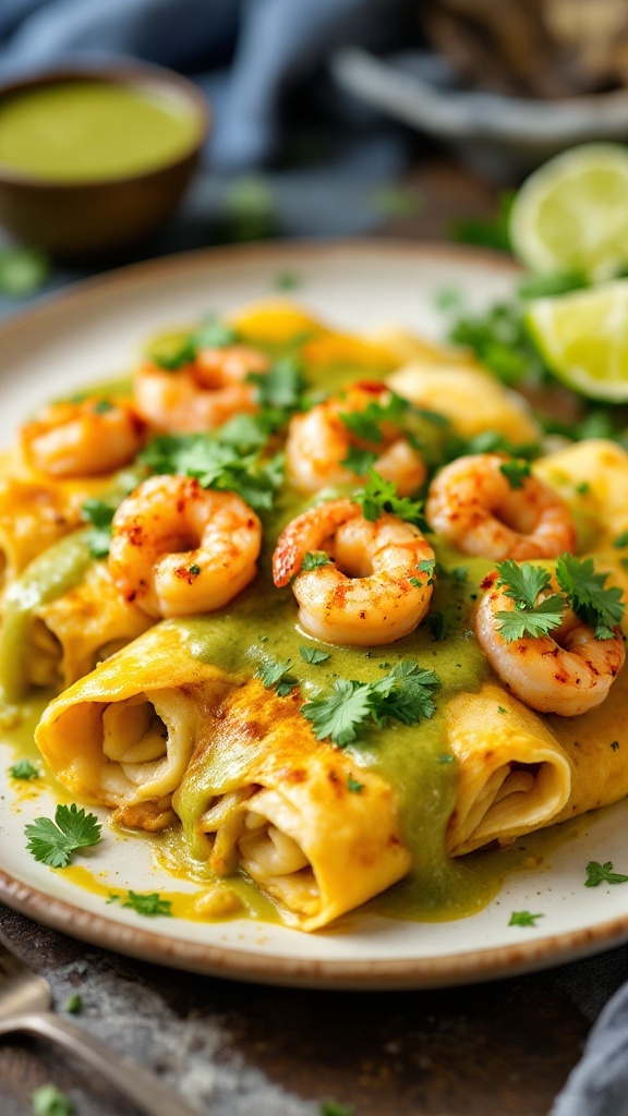 Shrimp enchiladas topped with verde sauce, cilantro, and shrimp on a plate