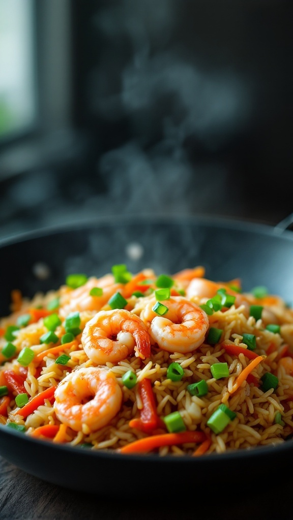 A close-up of shrimp fried rice in a black pan, topped with green onions and surrounded by colorful vegetables.