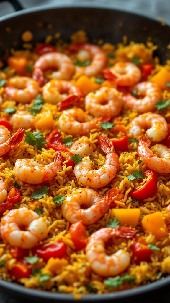 Shrimp paella with colorful peppers and cilantro garnished over yellow rice