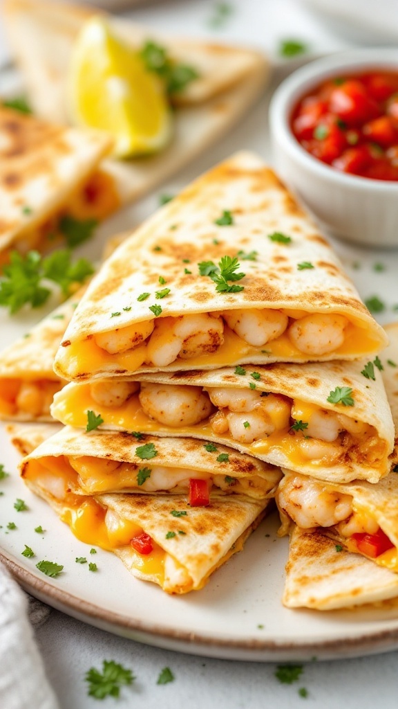 A plate of shrimp quesadillas with cheese, garnished with herbs and lime.