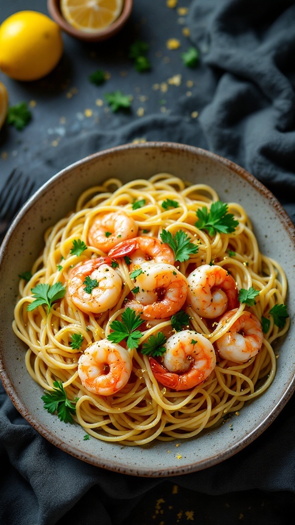 A bowl of shrimp scampi linguine with parsley and lemon slices on the side