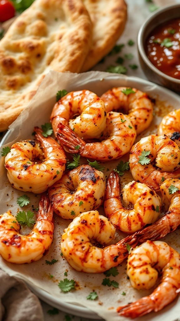 A plate of grilled shrimp tandoori with naan bread and cilantro on a rustic table