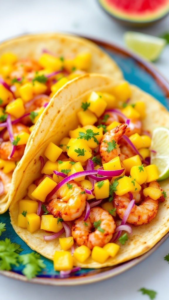 Spicy shrimp tacos topped with mango salsa, red onion, and cilantro on a colorful plate.