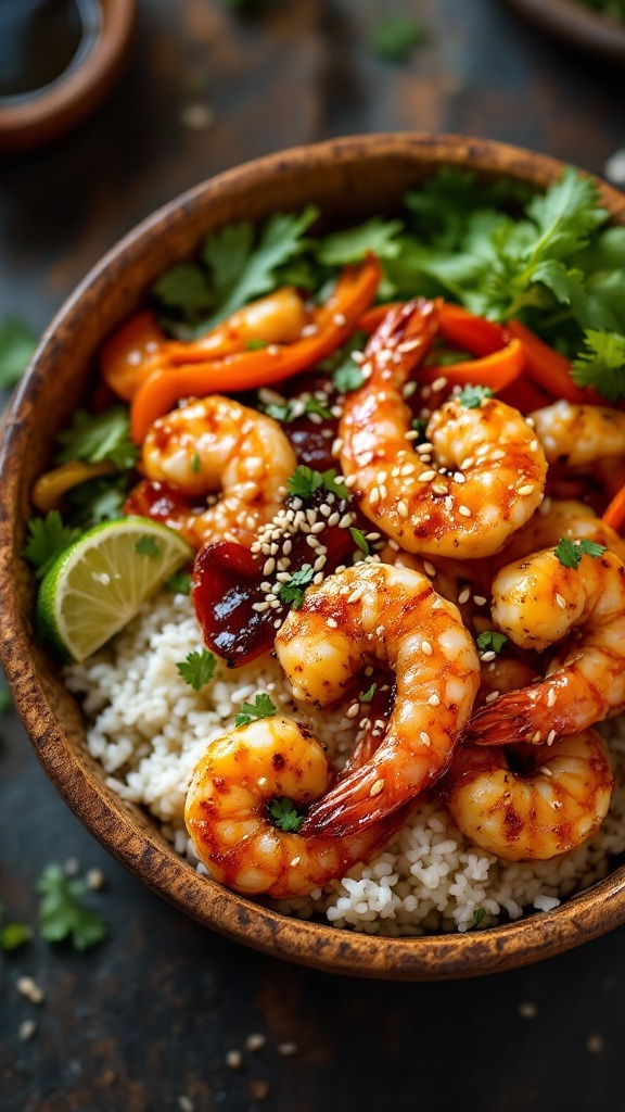 A bowl of teriyaki shrimp served over rice with colorful vegetables and garnished with cilantro and lime.