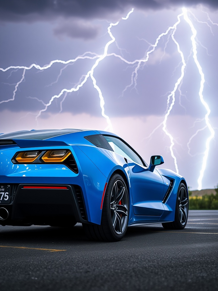 A blue Corvette under a stormy sky with lightning in the background.