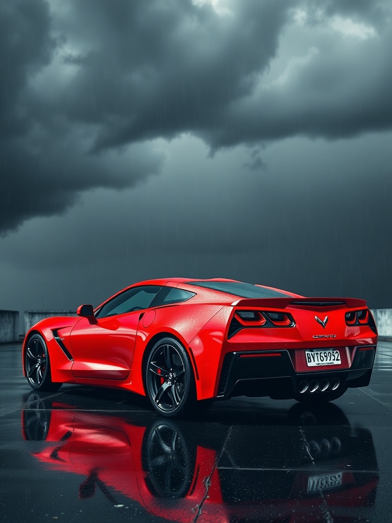 A bright red Corvette parked with dark stormy clouds in the background.