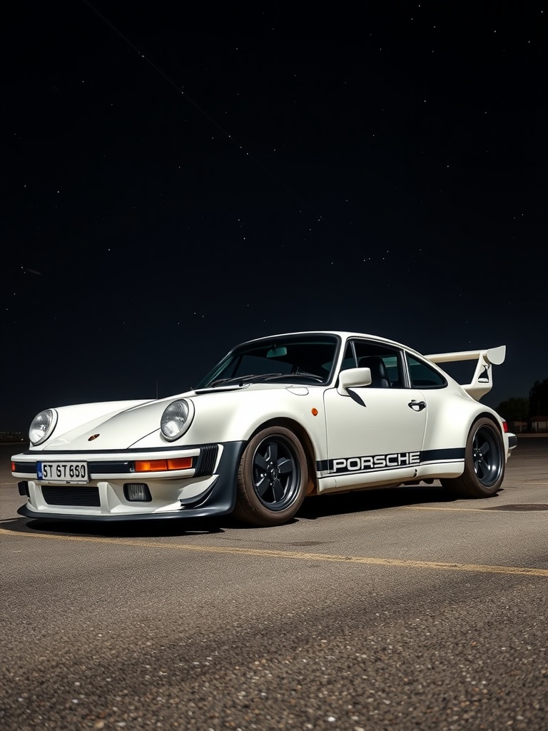 Porsche GT3 RS in classic white parked under a starry night sky.