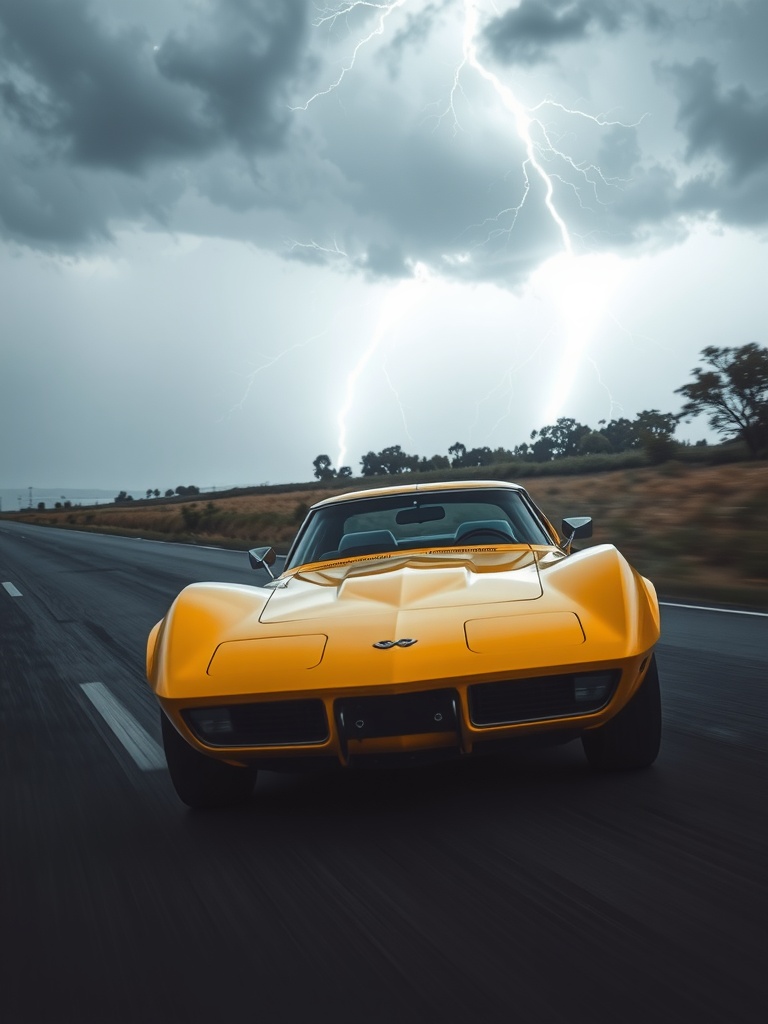 A classic yellow Corvette Stingray on a wet road during a thunderstorm, with lightning in the background.