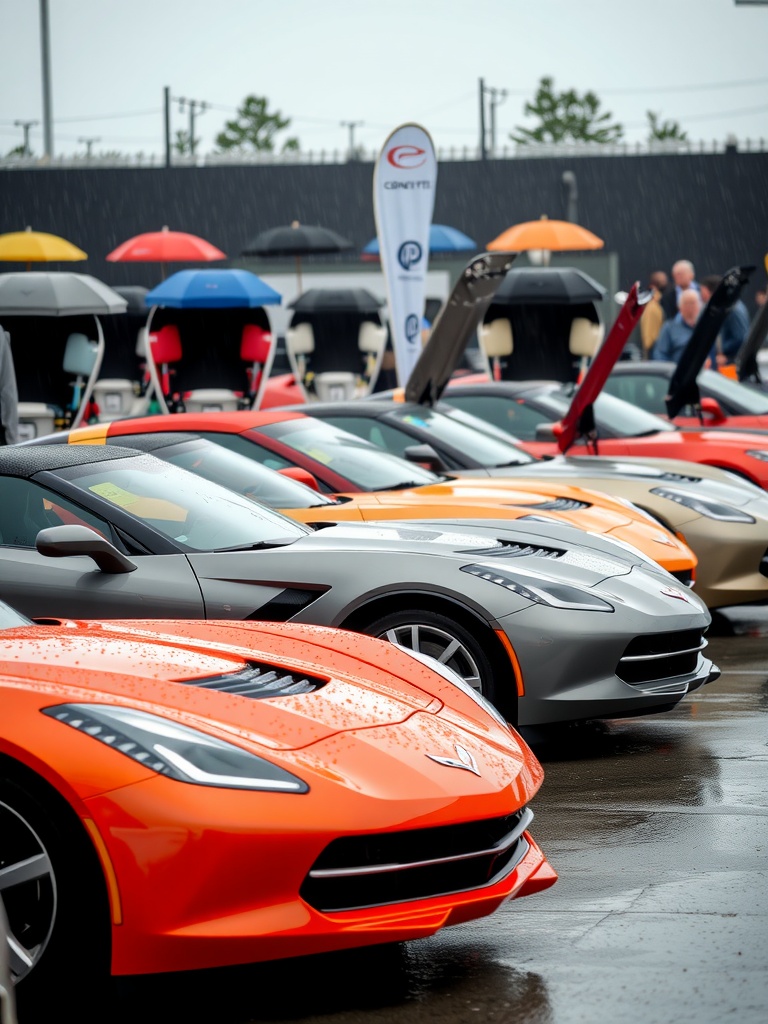 A row of colorful Corvette Stingrays parked during a rainy car show.