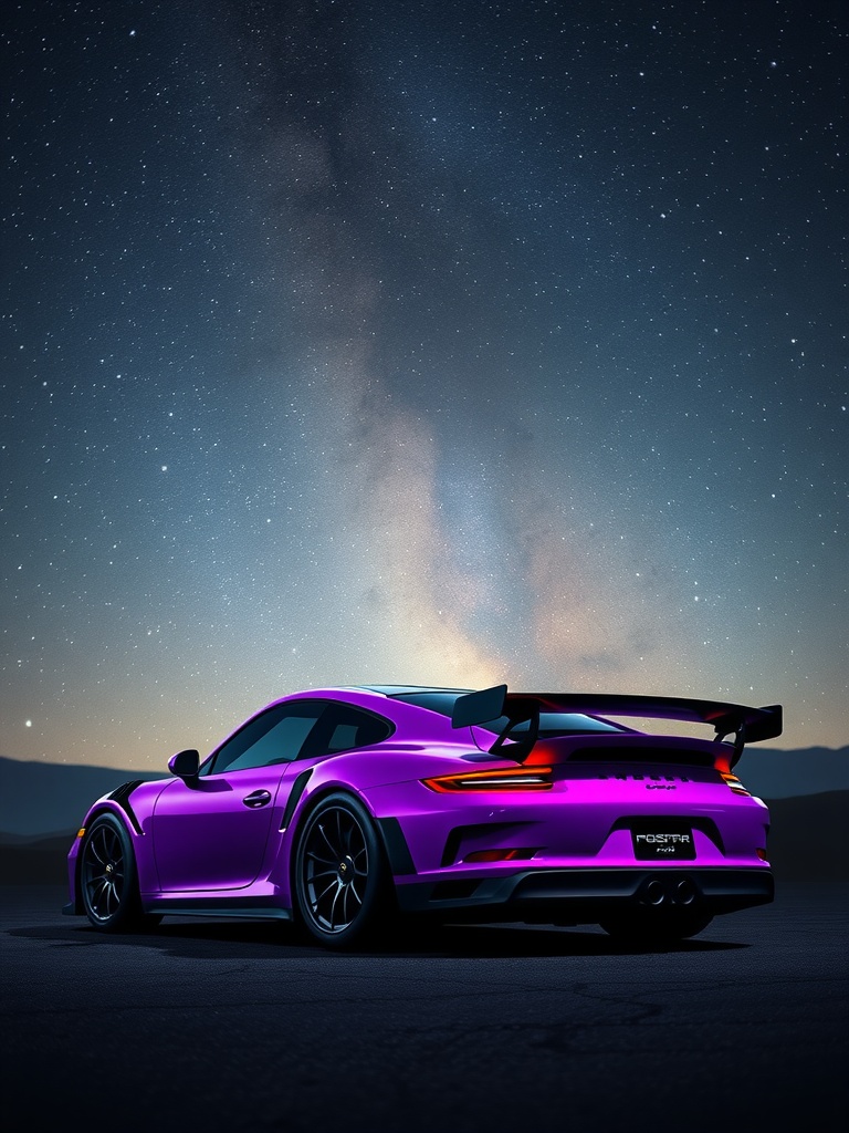 A Porsche GT3 RS in deep purple parked under a starry night sky.