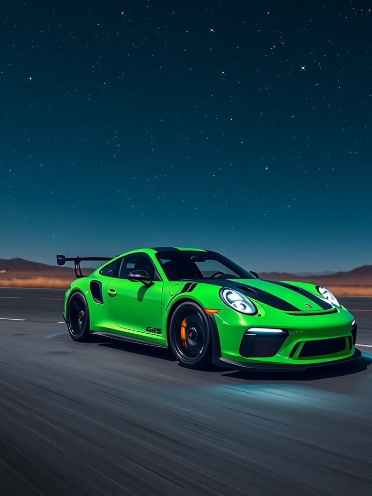 Electric Green Porsche GT3RS under starry night sky