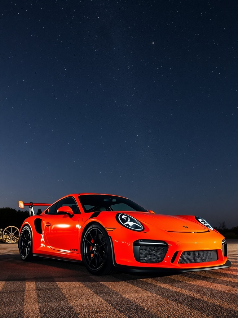 Porsche GT3 RS in fiery orange under a starry sky.