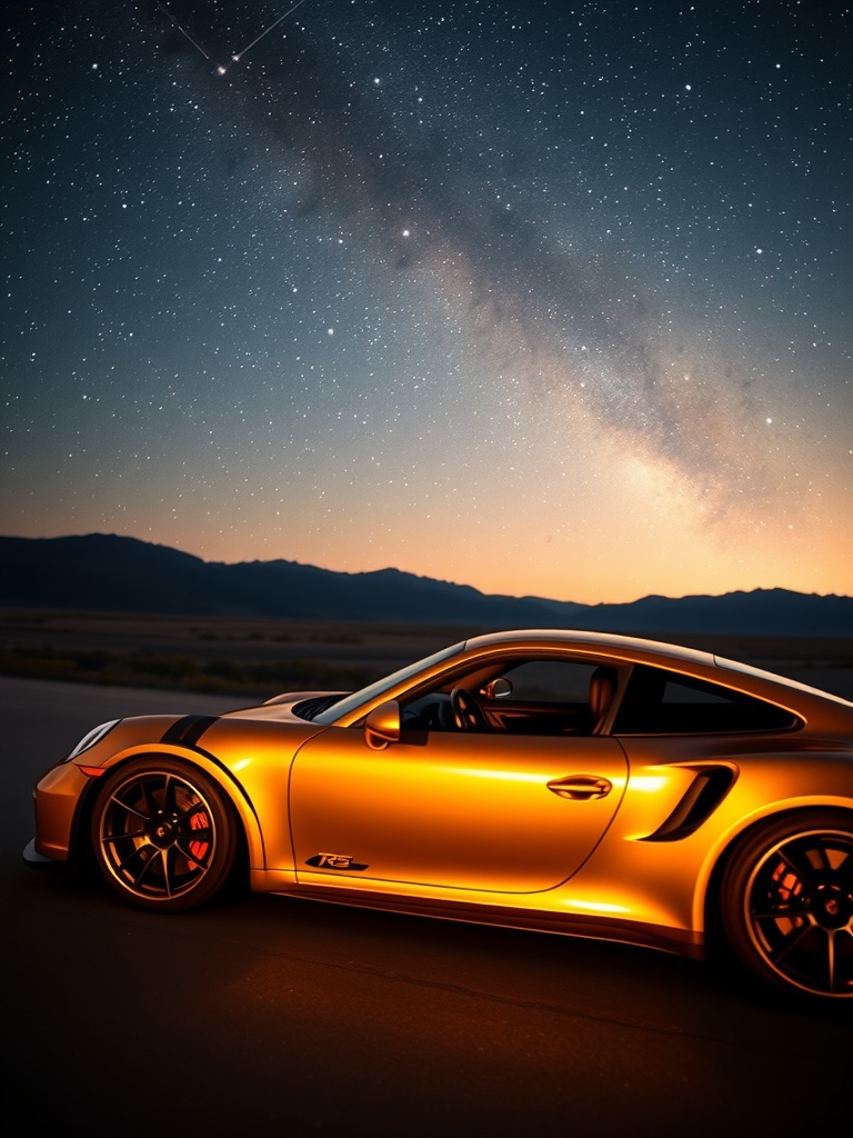 Porsche GT3 RS in Golden Metallic Shimmer under a starry sky.