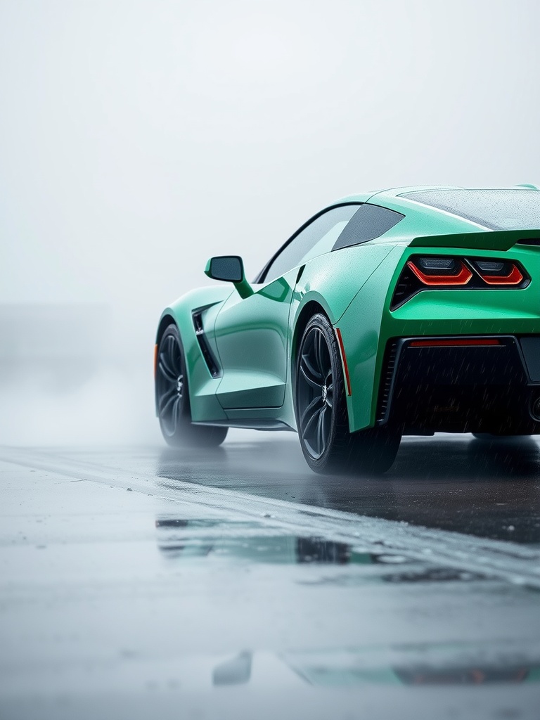 A green Corvette Stingray in misty weather.