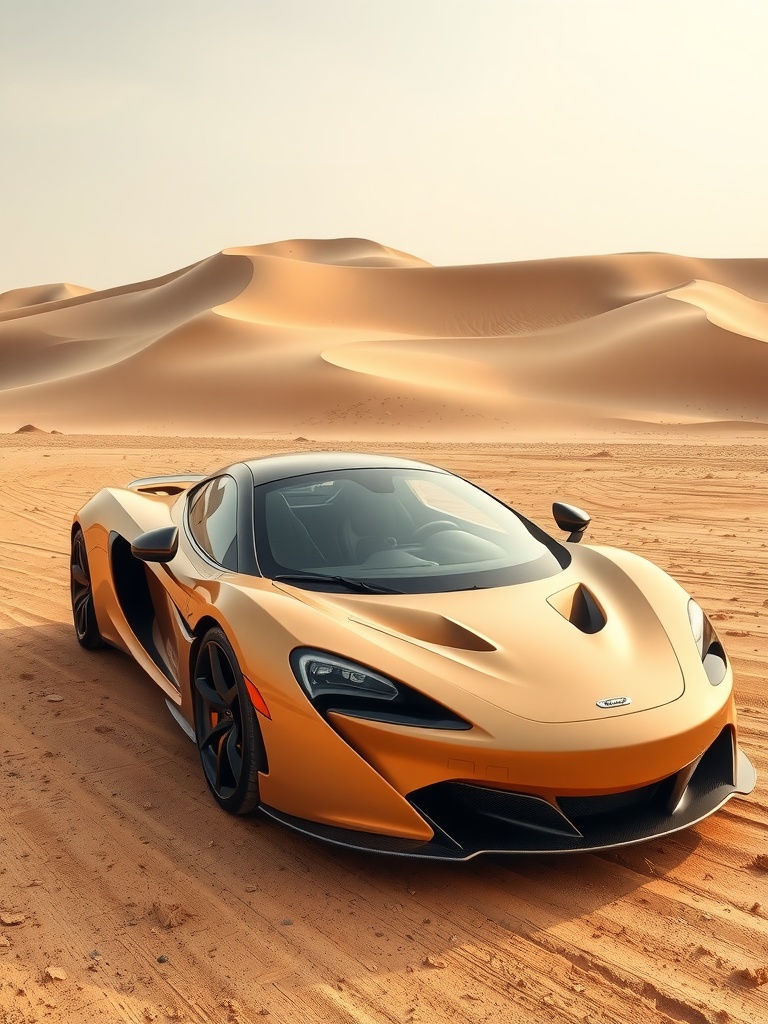 McLaren P1 in desert sand color parked on sandy dunes.