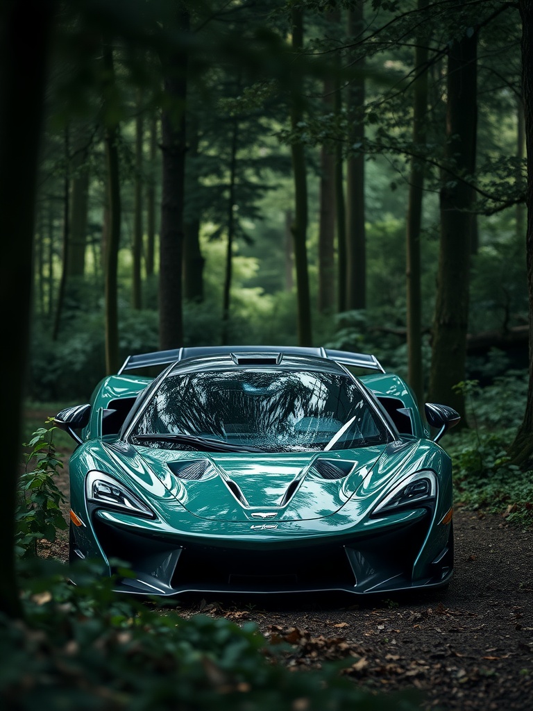 McLaren P1 in forest green parked in a forest