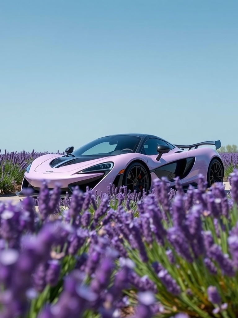 A McLaren P1 parked in a lavender field under a clear blue sky.