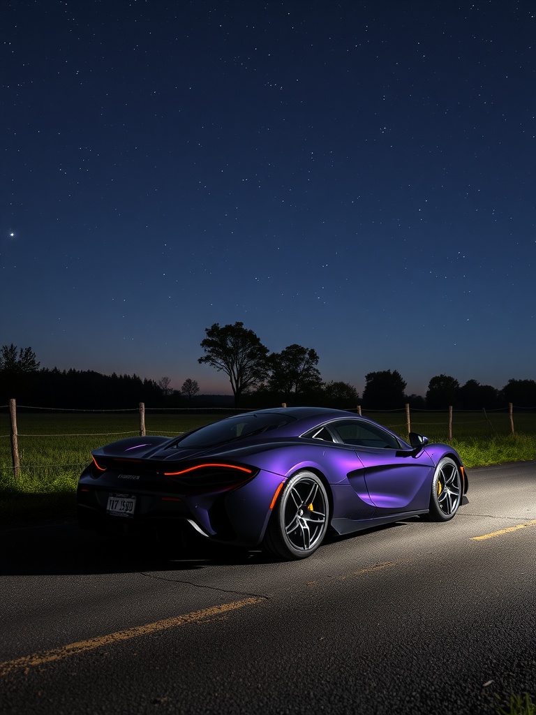 McLaren P1 in Midnight Purple parked on a road under a starry night sky.