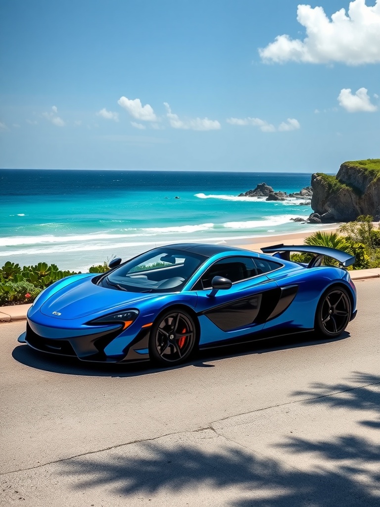 McLaren P1 in Ocean Blue parked by the ocean with clear blue skies and shimmering waves.