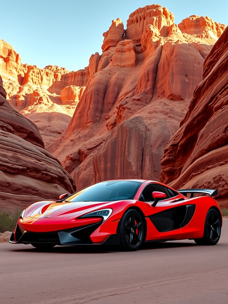 A McLaren P1 parked in Red Rock Canyon with red rock formations in the background.