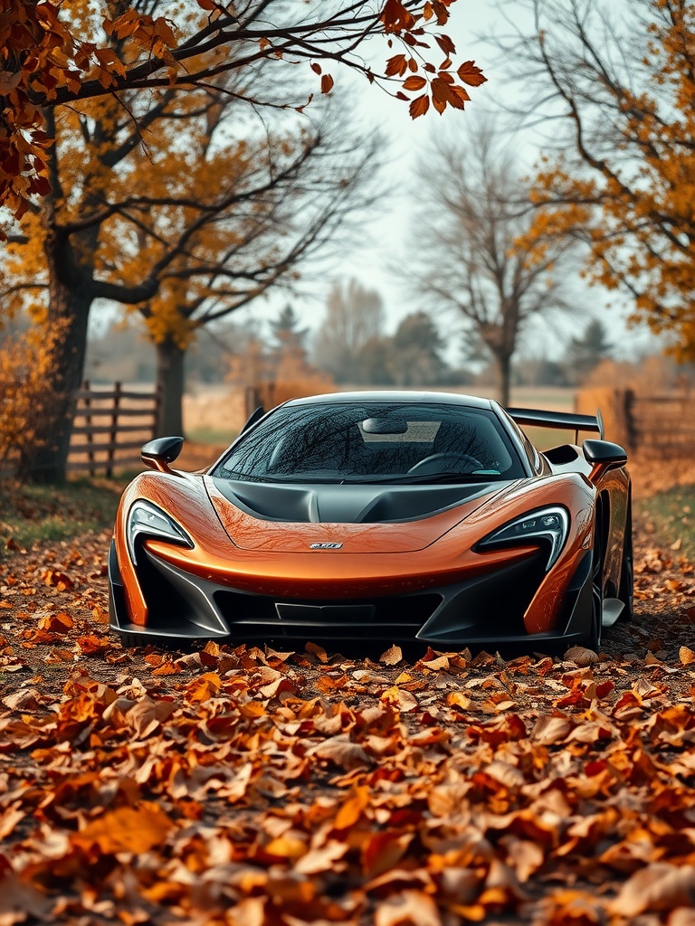 McLaren P1 in rustic copper color parked on a path covered with autumn leaves