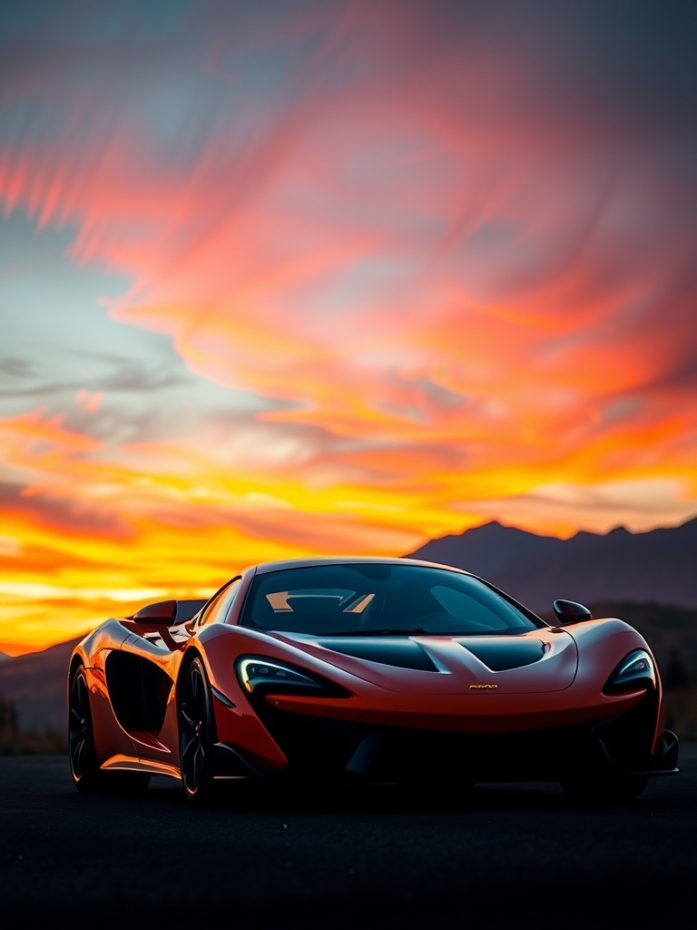 McLaren P1 in Sunset Orange parked with a colorful sunset in the background.