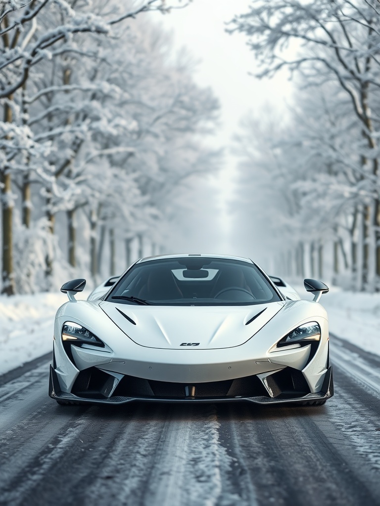 McLaren P1 parked on a snowy road with trees in the background.